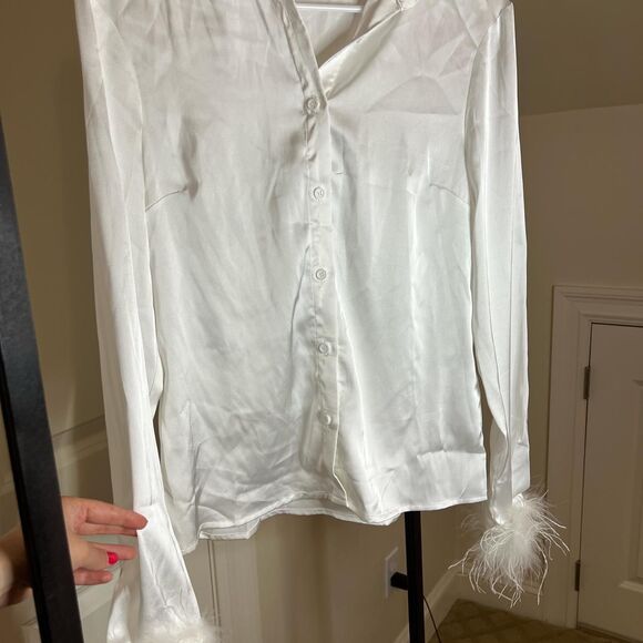 Nasty Gal Women's White Feather Cuff Satin Button Down Blouse - Picture 3 of 4